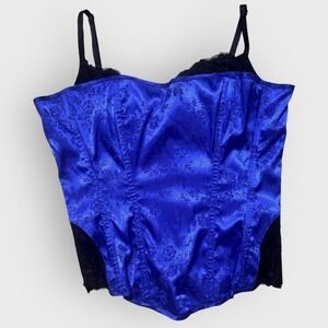 Fredericks of Hollywood blue black floral brocade corset bra lace trim sz 36 y2k